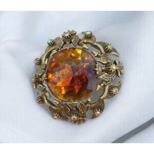 Florenza Brooch Cognac Faceted Glass AB Stones Coat Arms Pendant Vintage Collect